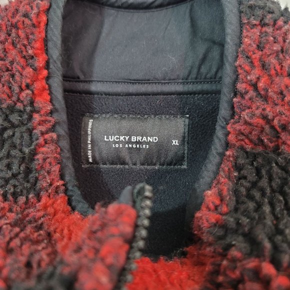 Lucky Brand Mens Sz XL Red Black Plaid Sherpa Jacket Full Zip Work Chores Barn - Picture 2 of 13
